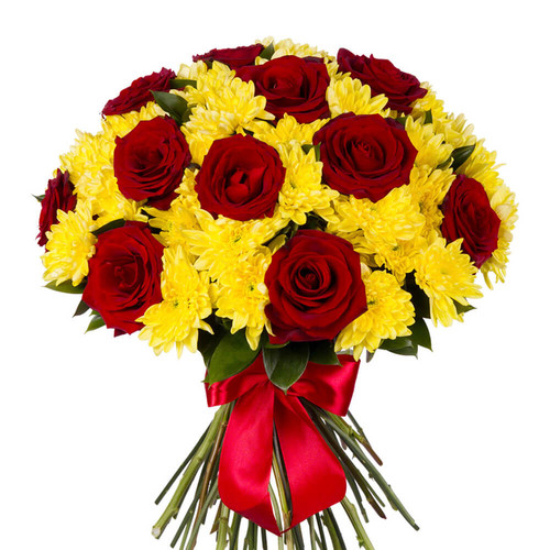 Букет из красных роз и желтых хризантем