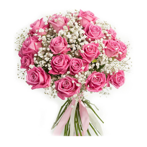 Букет из 21 розовой розы с гипсофилой