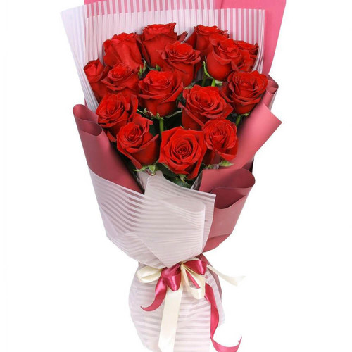 15 красных эквадорских роз в упаковке